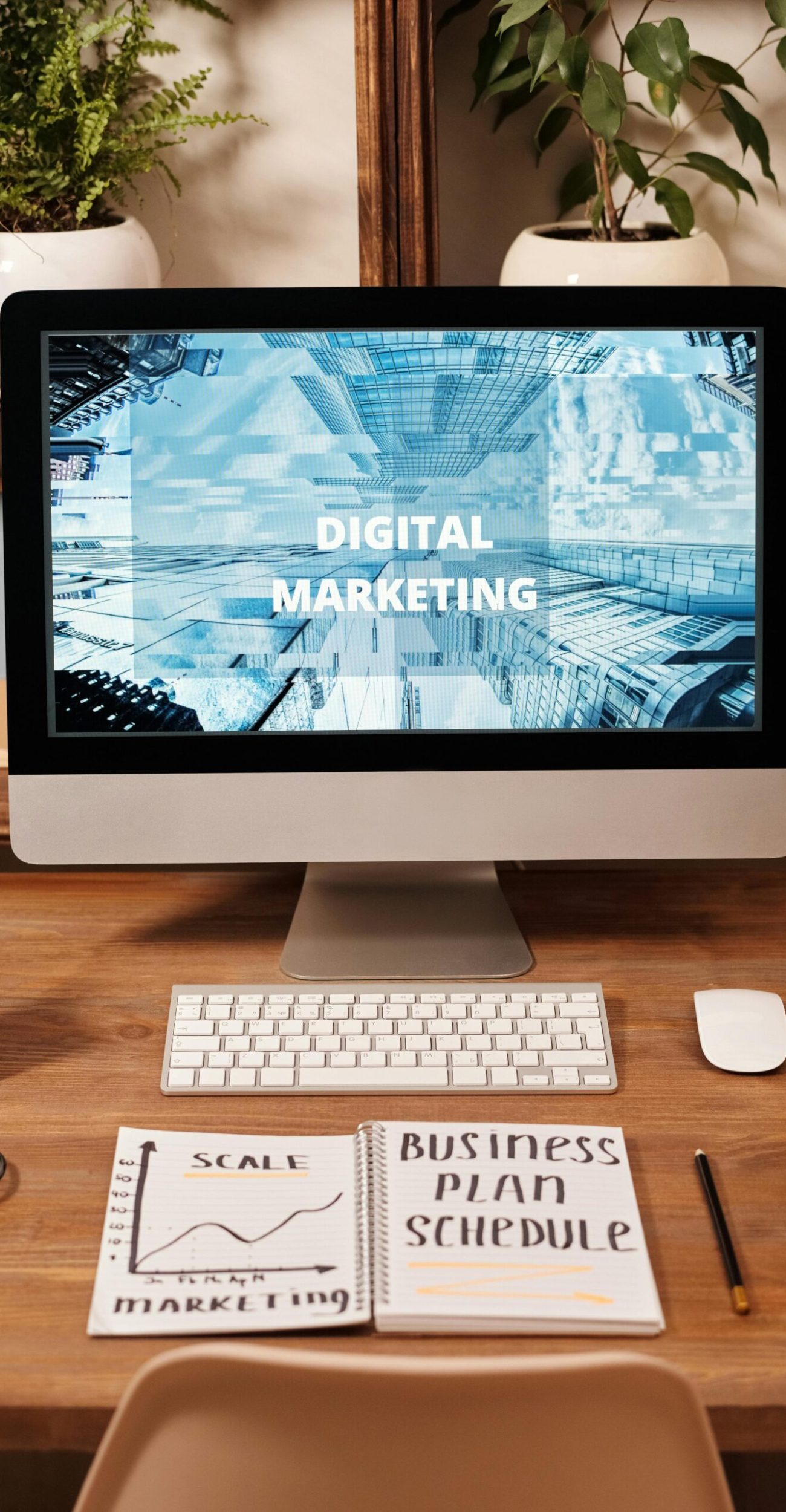 Contemporary office setup featuring digital marketing strategy on a computer screen, ideal for business technology themes.